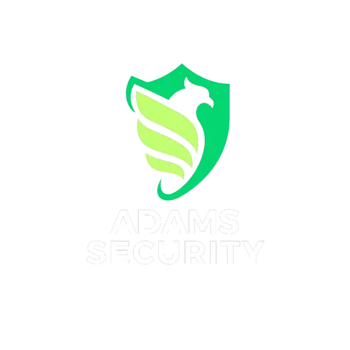 Logo van Adams Security met groene tekst op zwarte achtergrond