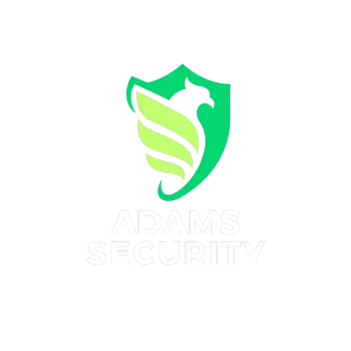 Logo van Adams Security met groene tekst op zwarte achtergrond