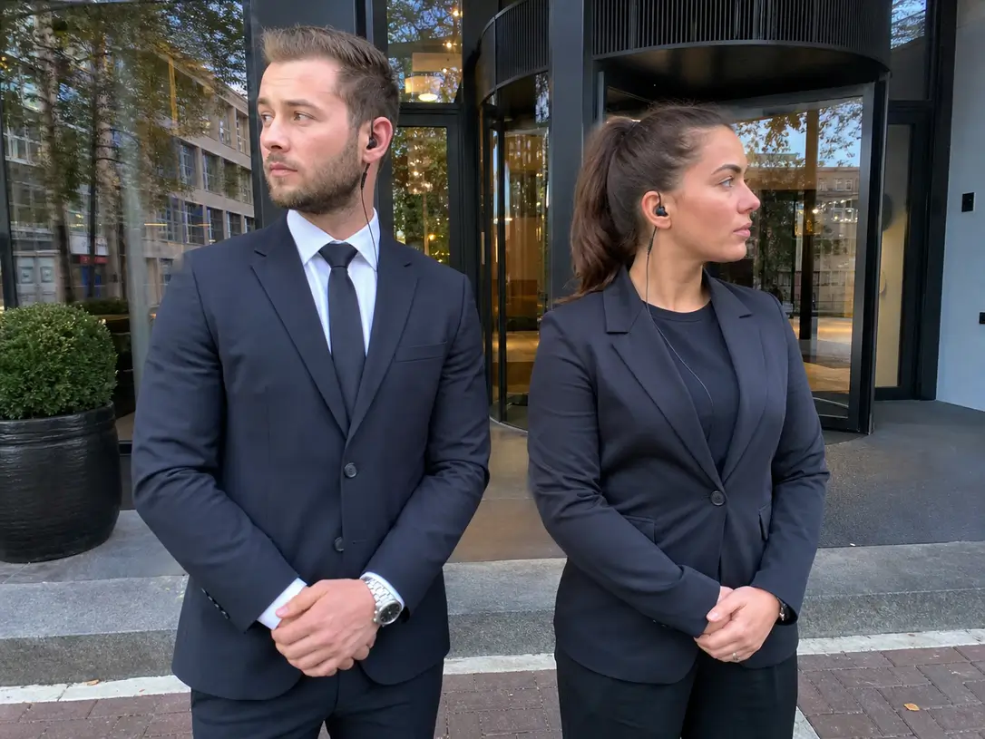 Man en vrouw beveiliger met oortelefoon staan waakzaam voor de ingang van een gebouw
